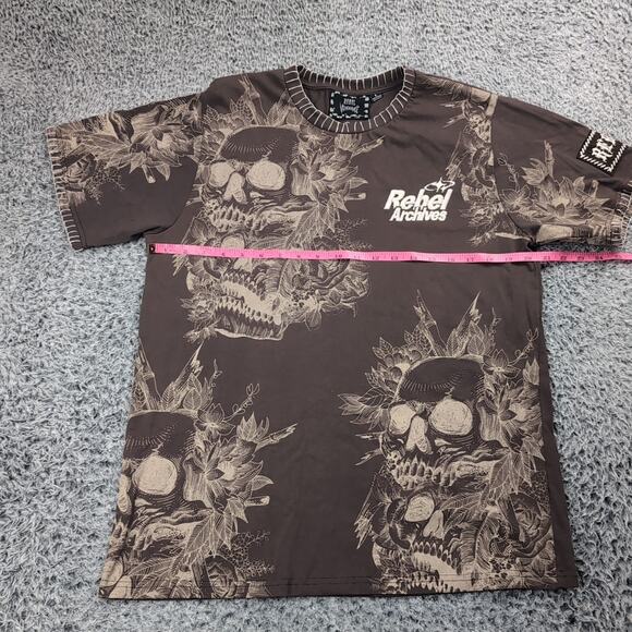 Rebel Vengeance Shirt Adult Large Brown Embroidered Graphic Skull Floral Tee - Picture 3 of 6